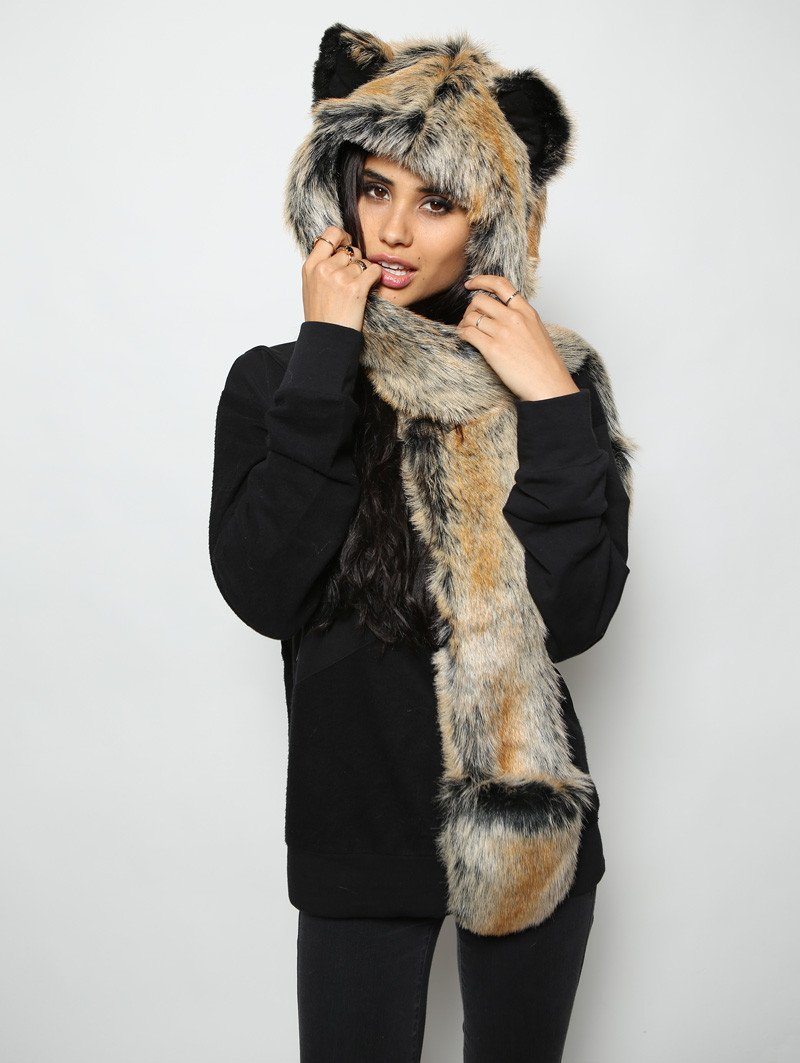 Woman wearing Red Wolf Faux Fur *Unisex* SpiritHood, front view