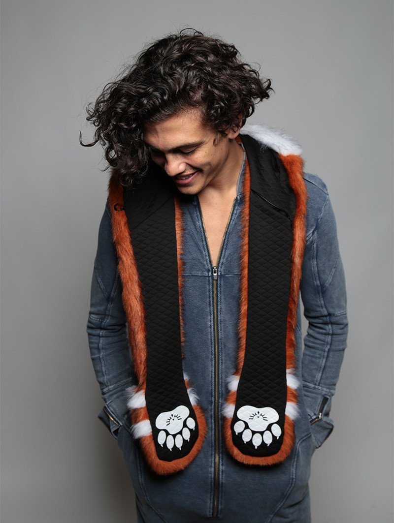 Man wearing faux fur Red Panda Collector SpiritHood, front view