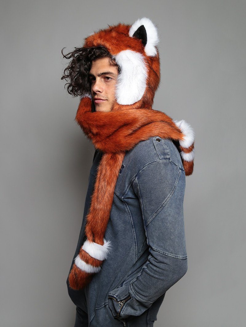 Man wearing faux fur Red Panda Collector SpiritHood, side view