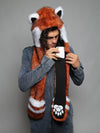 Man wearing faux fur Red Panda Collector SpiritHood, front view 1