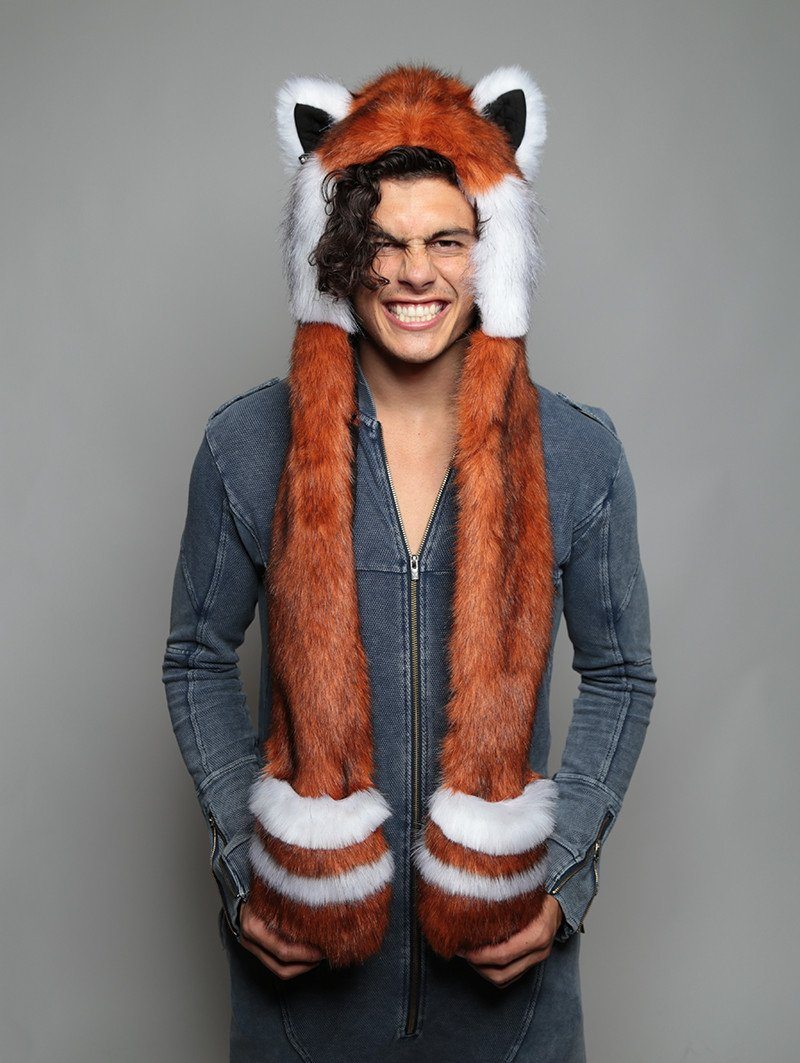 Man wearing faux fur Red Panda Collector SpiritHood, front view 3