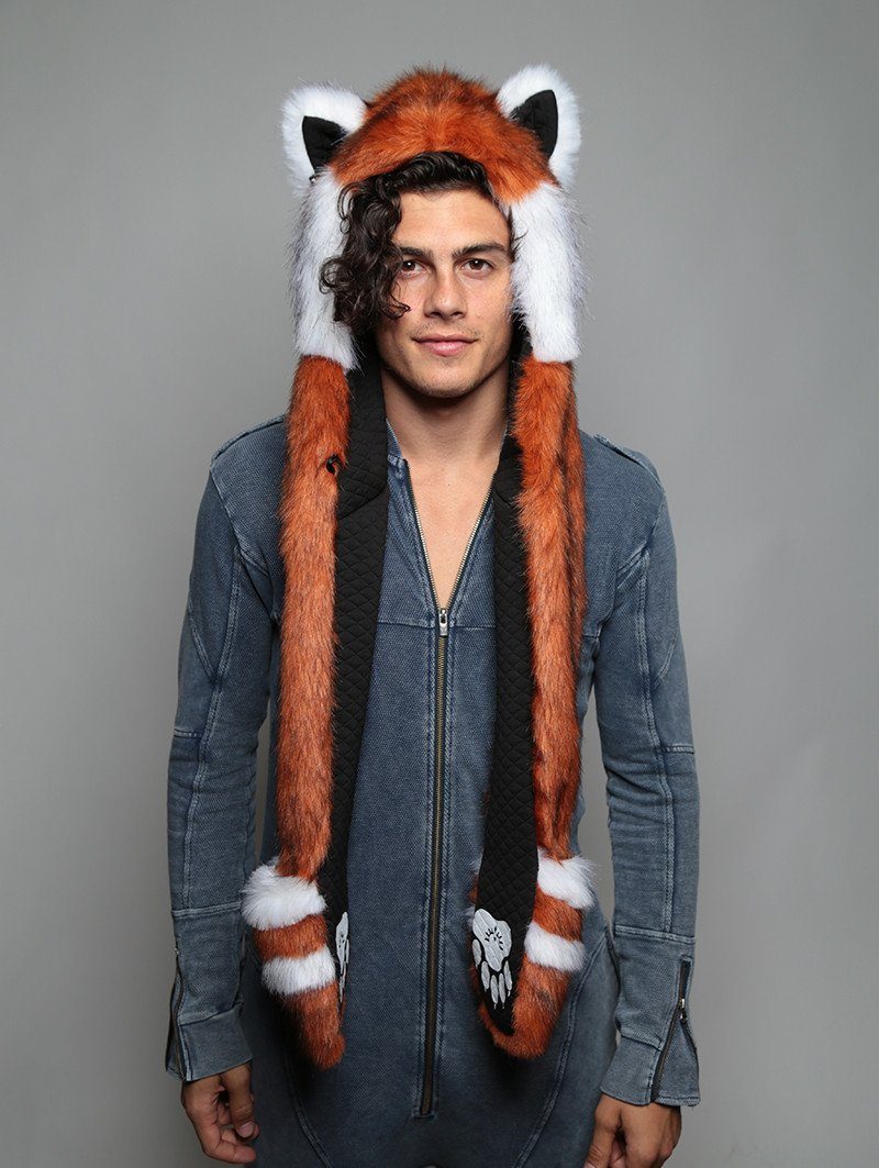 Man wearing faux fur Red Panda Collector SpiritHood, front view 5