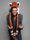 Man wearing faux fur Red Panda Collector SpiritHood, front view 2