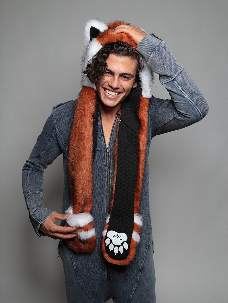 Man wearing faux fur Red Panda Collector SpiritHood, front view 6
