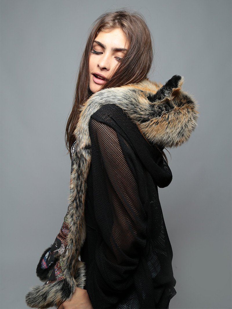 Collector SpiritHood in Red Wolf Rainbow Design on Woman