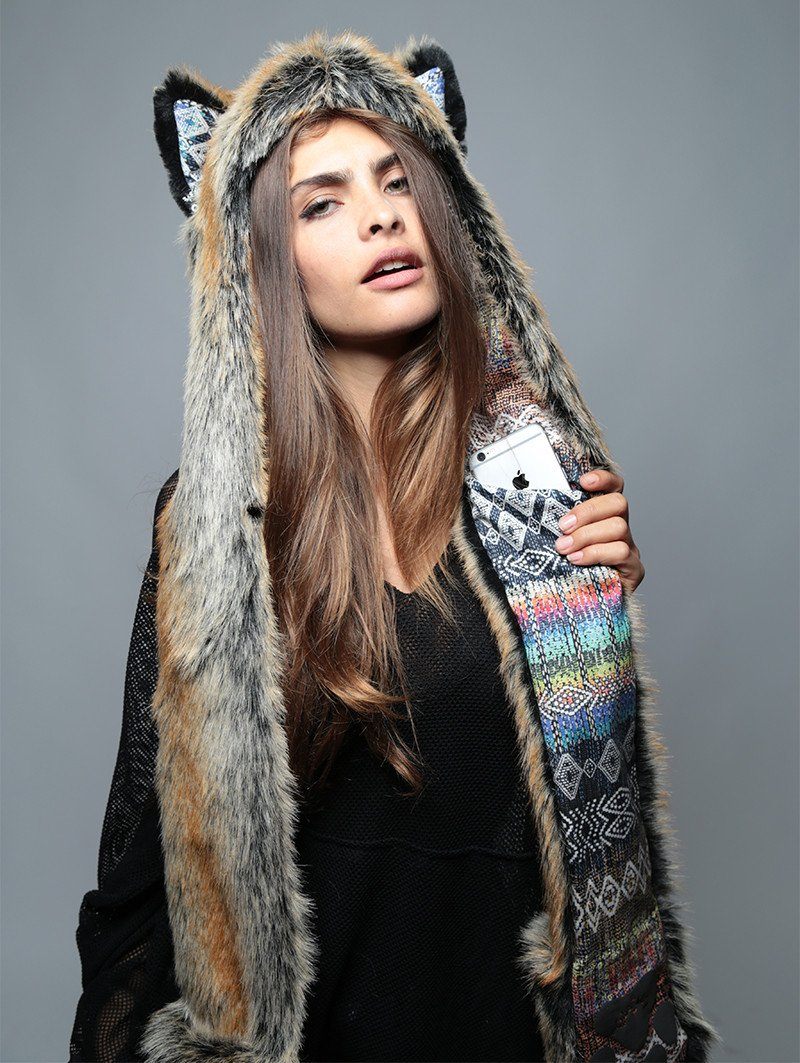 Red Wolf Rainbow Collector Hooded Faux Fur on Woman