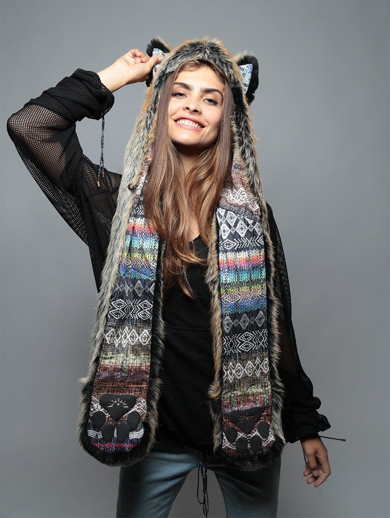 Woman Wearing Red Wolf Rainbow Collector SpiritHood