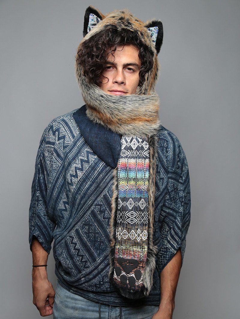 Man wearing faux fur Red Wolf Rainbow Collector SpiritHood, front view