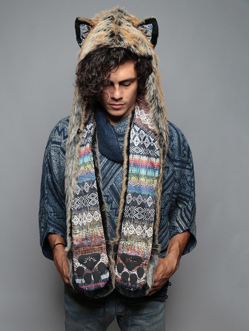 Man wearing faux fur Red Wolf Rainbow Collector SpiritHood