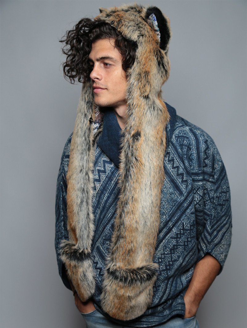 Man wearing faux fur Red Wolf Rainbow Collector SpiritHood, side view 1