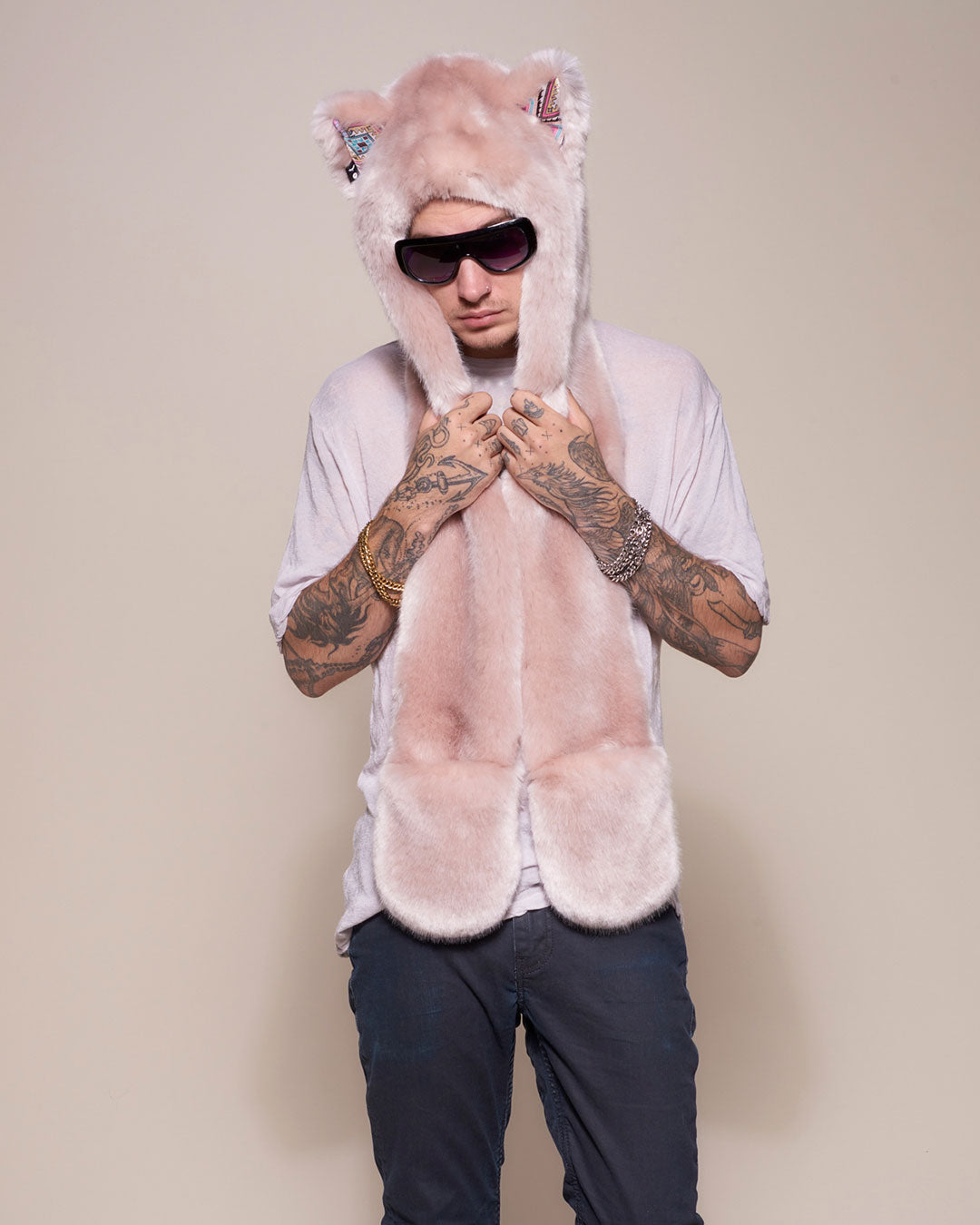 Man wearing faux fur Rose Quartz Wolf Luxe Collector Edition SpiritHood, front view
