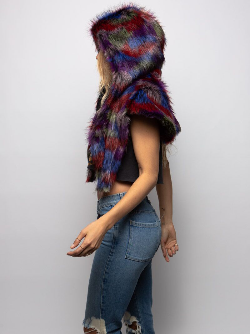 Limited Edition Parrot Faux Fur Shawl with Hood on Female 