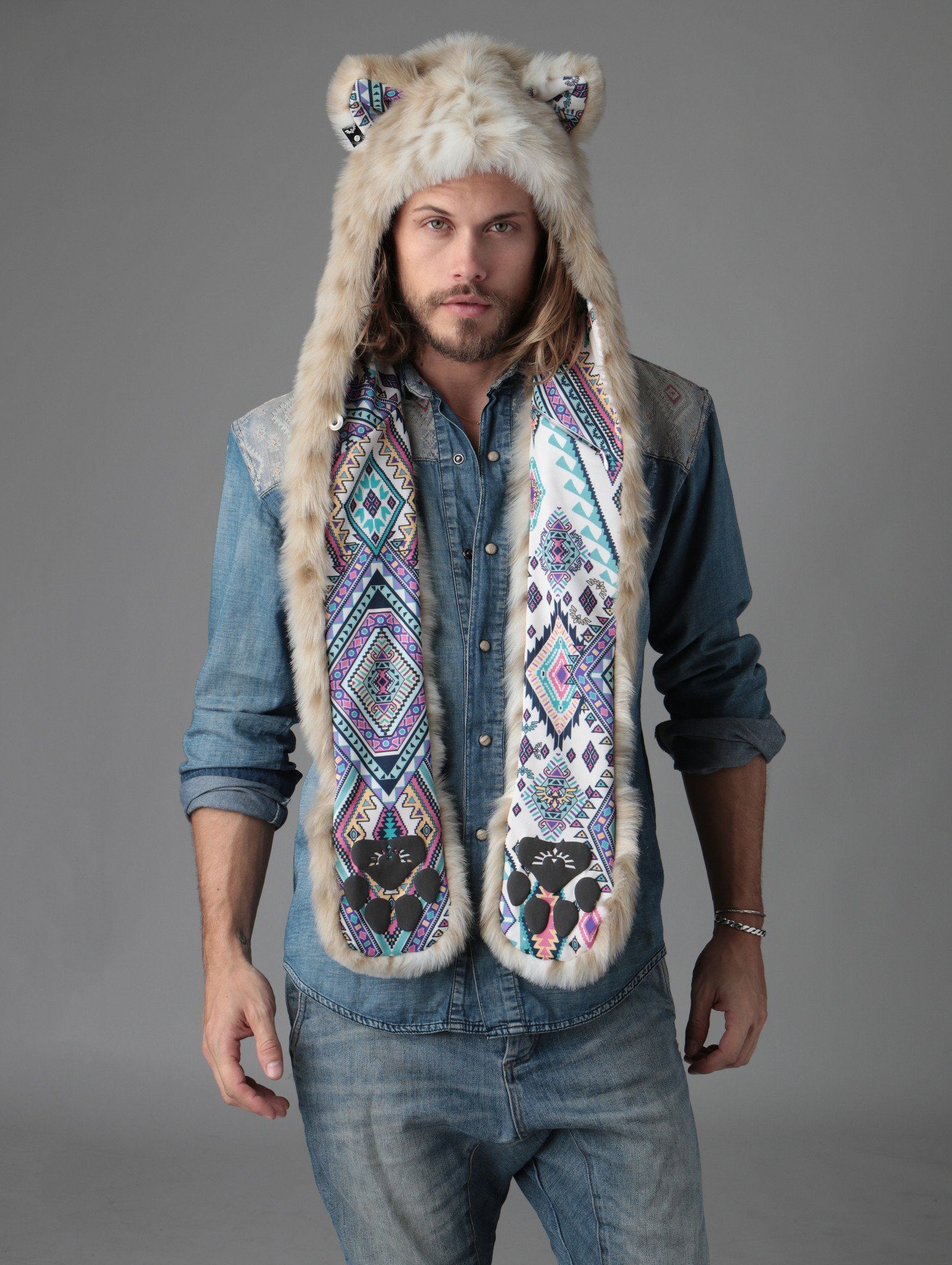 Brown and White Snow Leopard CE SpiritHood on Male