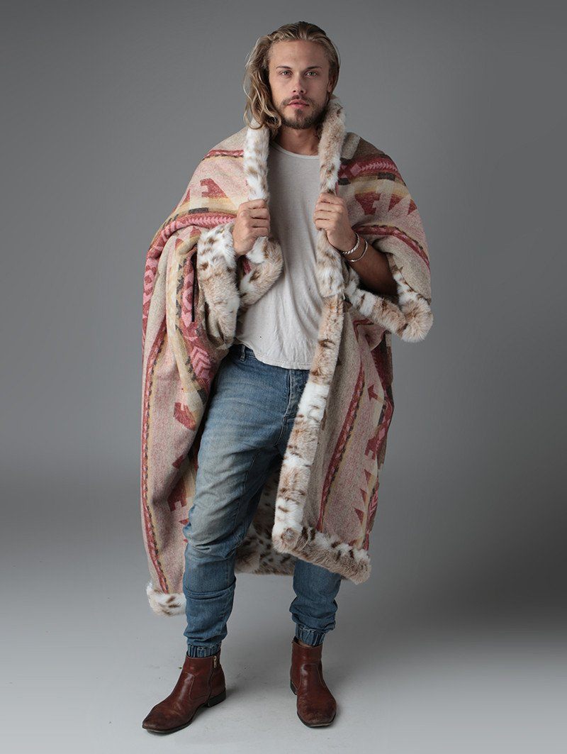 Male Wearing Faux Fur Throw with Siberian Snow Leopard Design