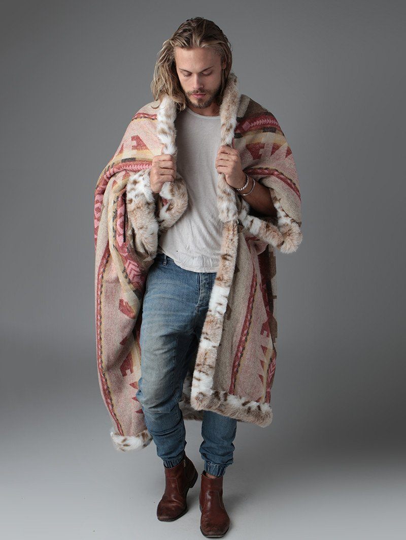 Tan and White Siberian Snow Leopard Faux Fur Throw Draped on Male