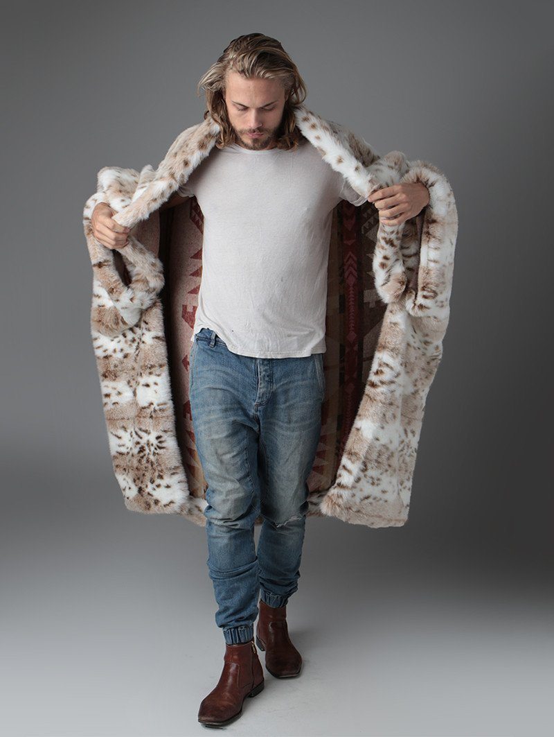 Siberian Snow Leopard Faux Fur Throw on Male Model
