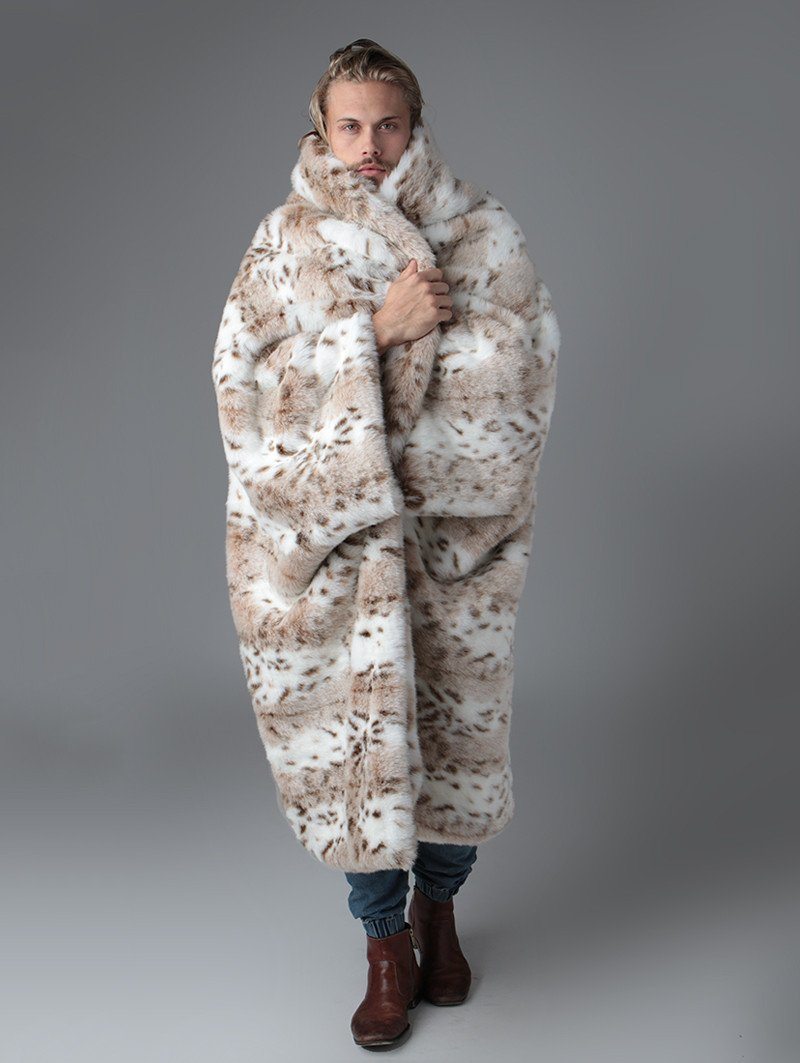Siberian Snow Leopard Faux Fur Throw on Male Model