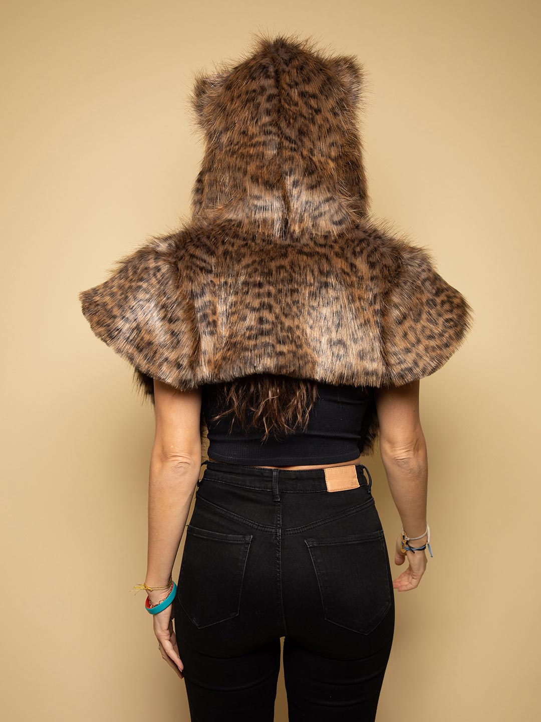 Back View of Savannah Cat Faux Fur SpiritHoods Shawl with Hood