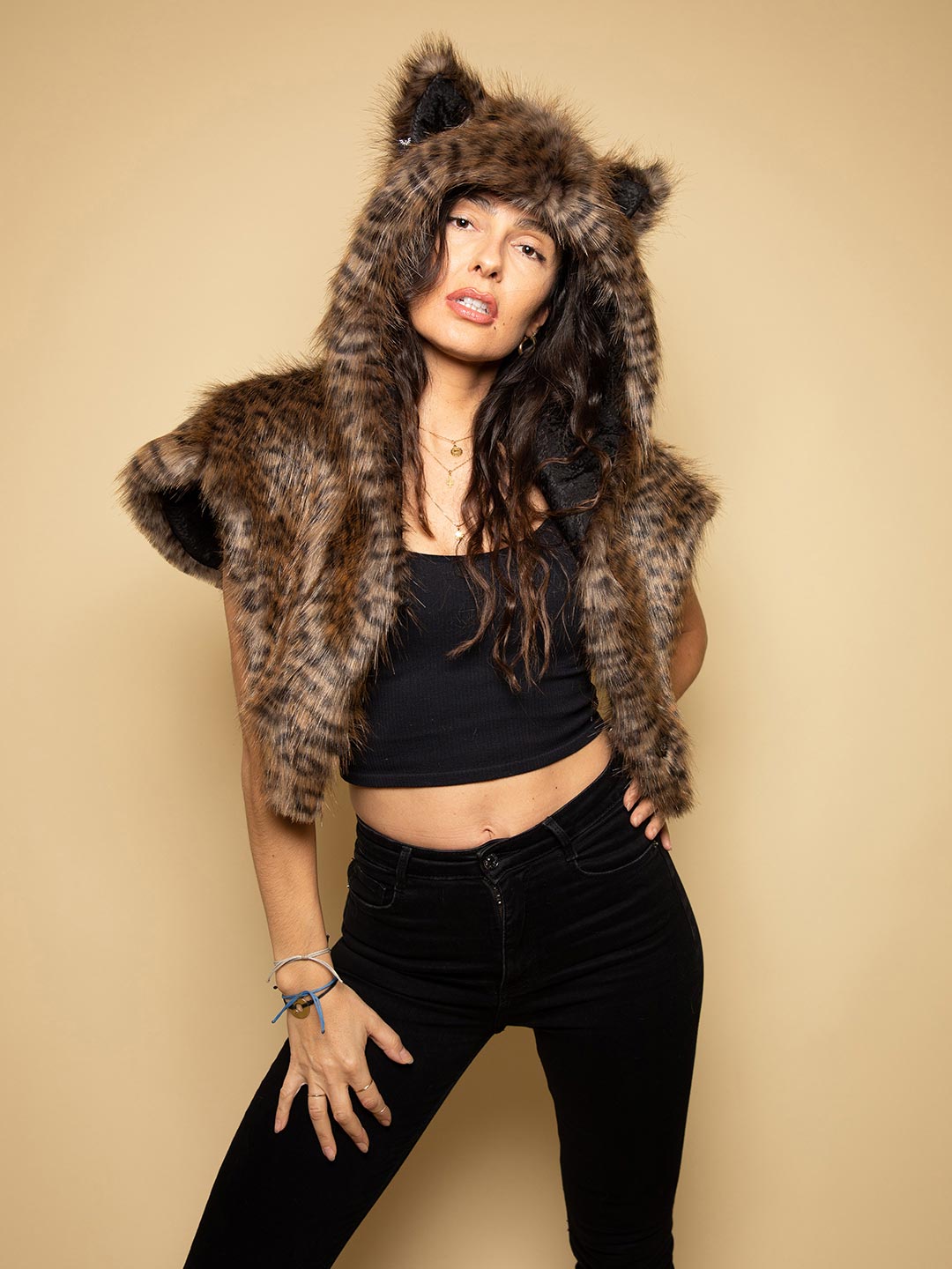 Hooded Faux Fur SpiritHoods Shawl with Savannah Cat Design