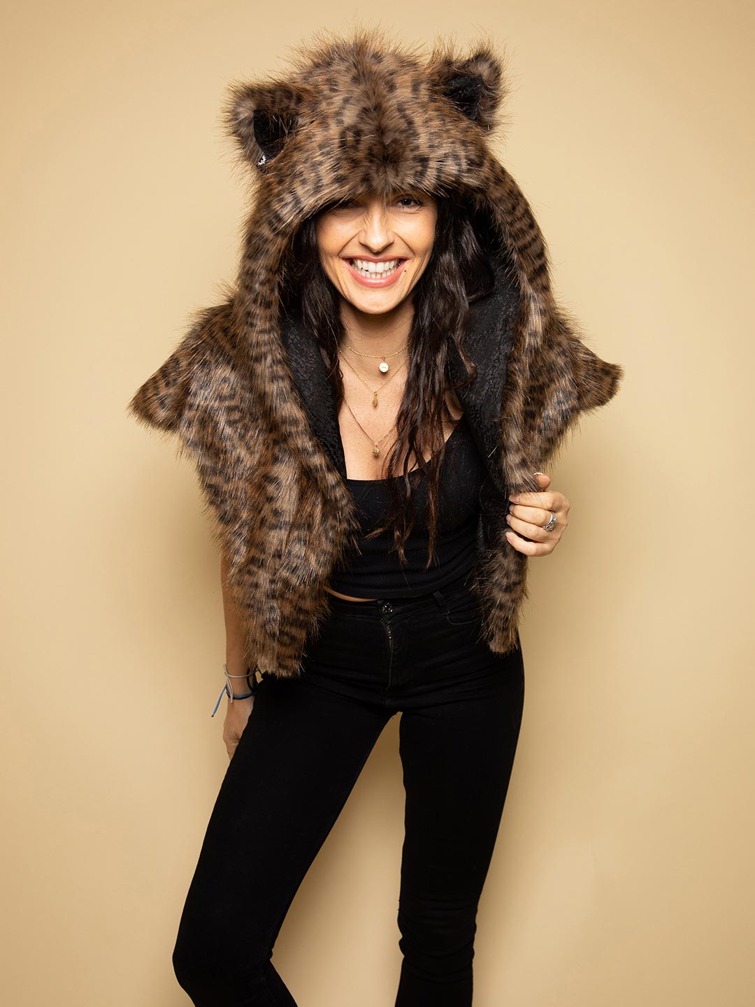 Savannah Cat Faux Fur SpiritHoods Shawl with Hood on Female