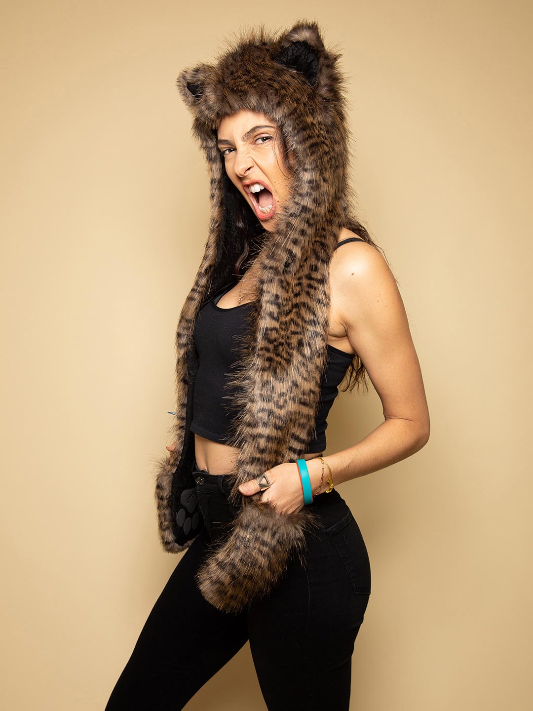 Female Wearing Savannah Cat Collector Edition Faux Fur Hood