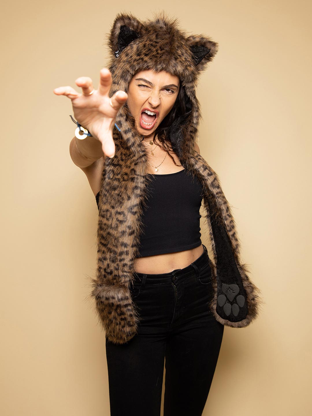 Savannah Cat Faux Fur Hood on Female Model