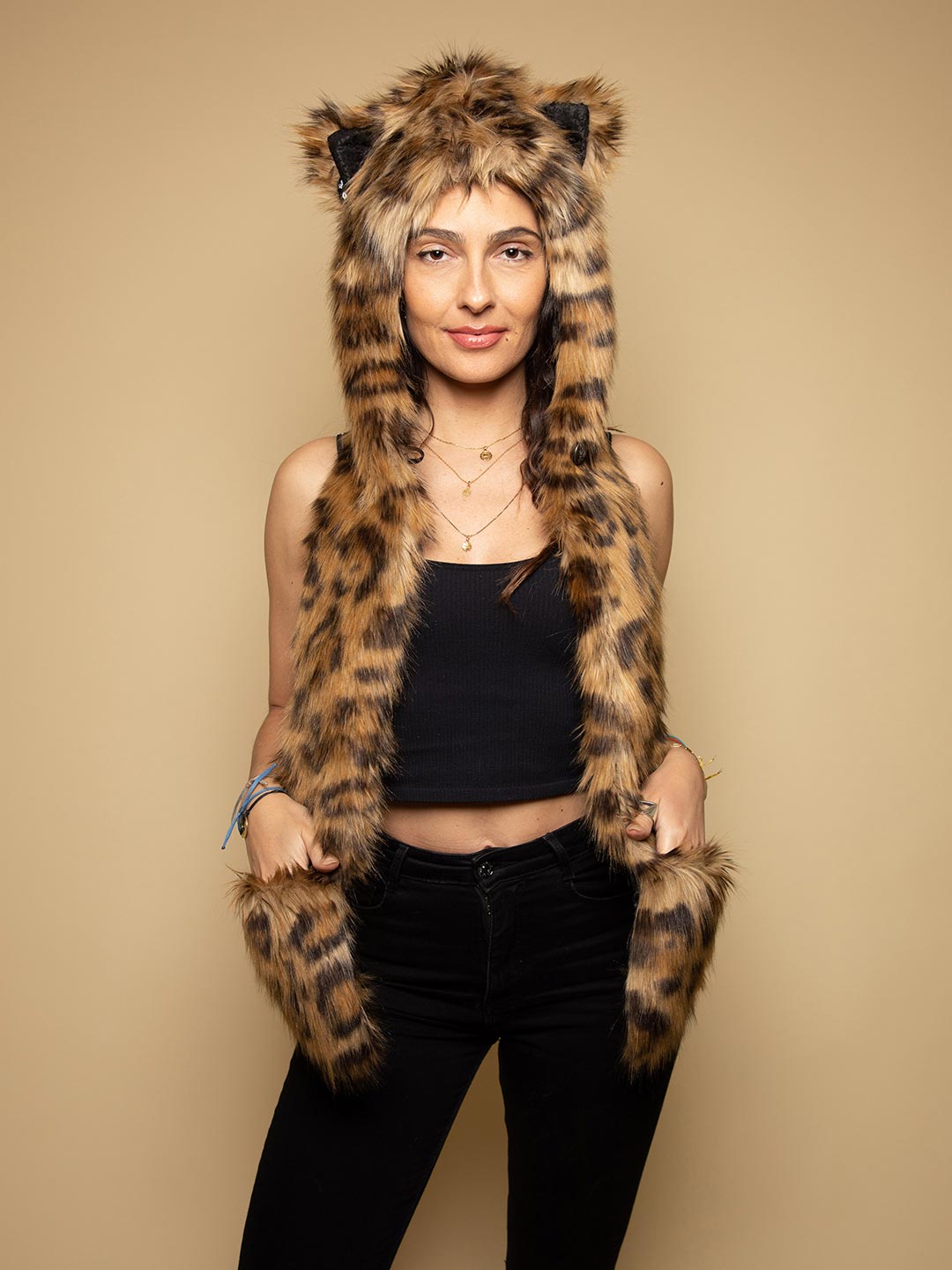 Woman wearing Javan Leopard Faux Fur Hood, front view 3
