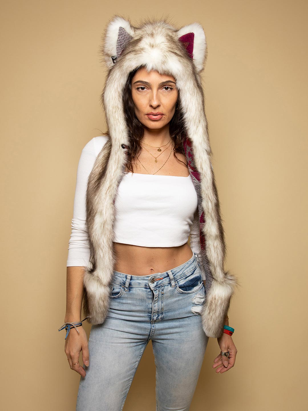 Woman wearing Faux Fur Brown Husky Italy C.E. SpiritHood, front view 1