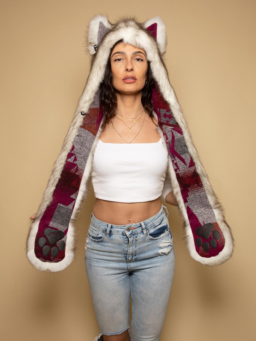 Woman wearing Faux Fur Brown Husky Italy C.E. SpiritHood, front view 5