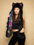 Woman wearing faux fur Bart Cooper Black Wolf Artist Edition SpiritHood, front view 4