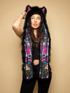 Woman wearing faux fur Bart Cooper Black Wolf Artist Edition SpiritHood