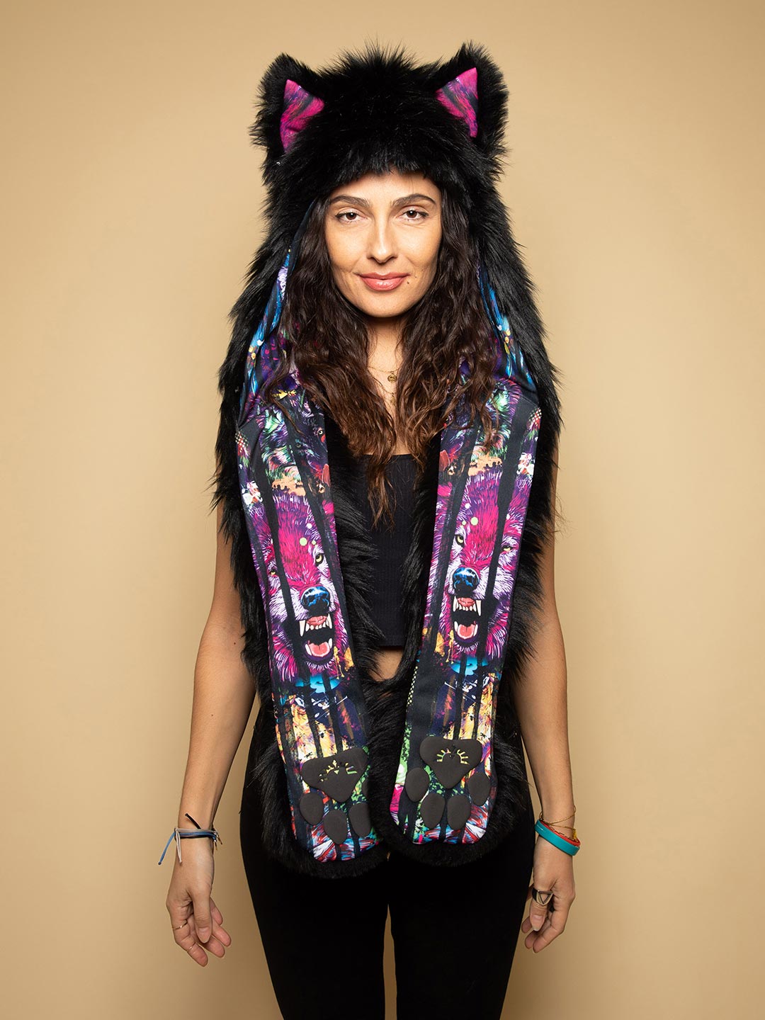 Woman wearing faux fur Bart Cooper Black Wolf Artist Edition SpiritHood, front view 2