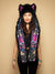 Woman wearing faux fur Bart Cooper Black Wolf Artist Edition SpiritHood, front view 2