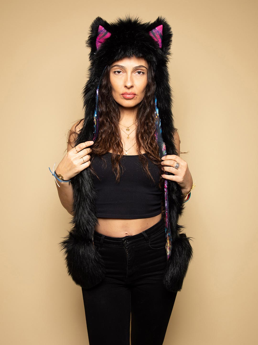 Woman wearing faux fur Bart Cooper Black Wolf Artist Edition SpiritHood, front view 3