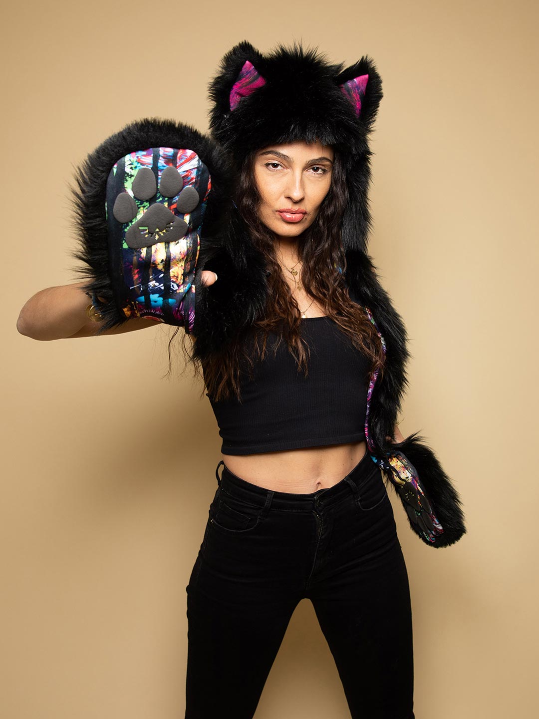 Woman wearing faux fur Bart Cooper Black Wolf Artist Edition SpiritHood, front view