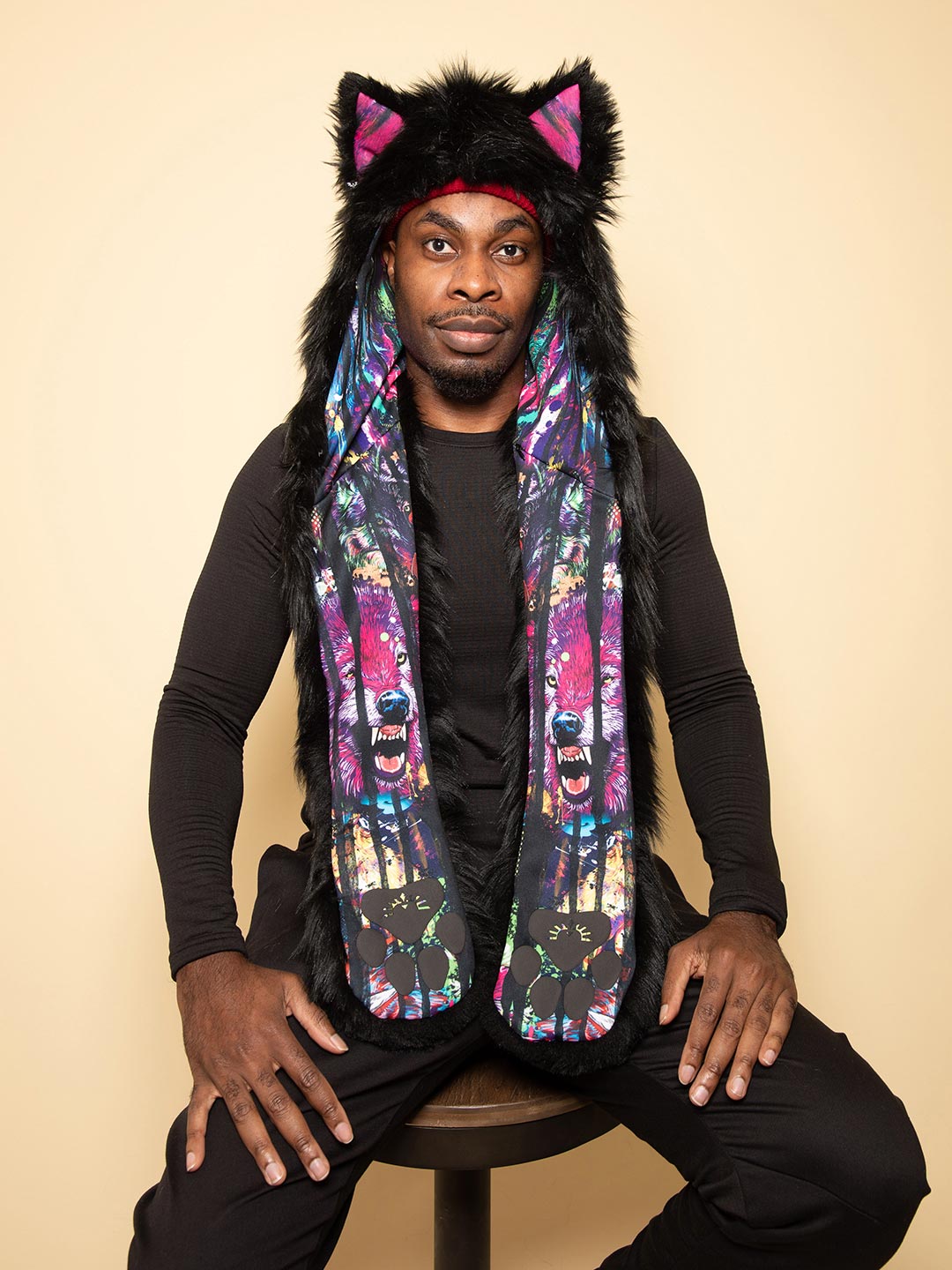 Man wearing faux fur Bart Cooper Black Wolf Artist Edition SpiritHood, front view 6