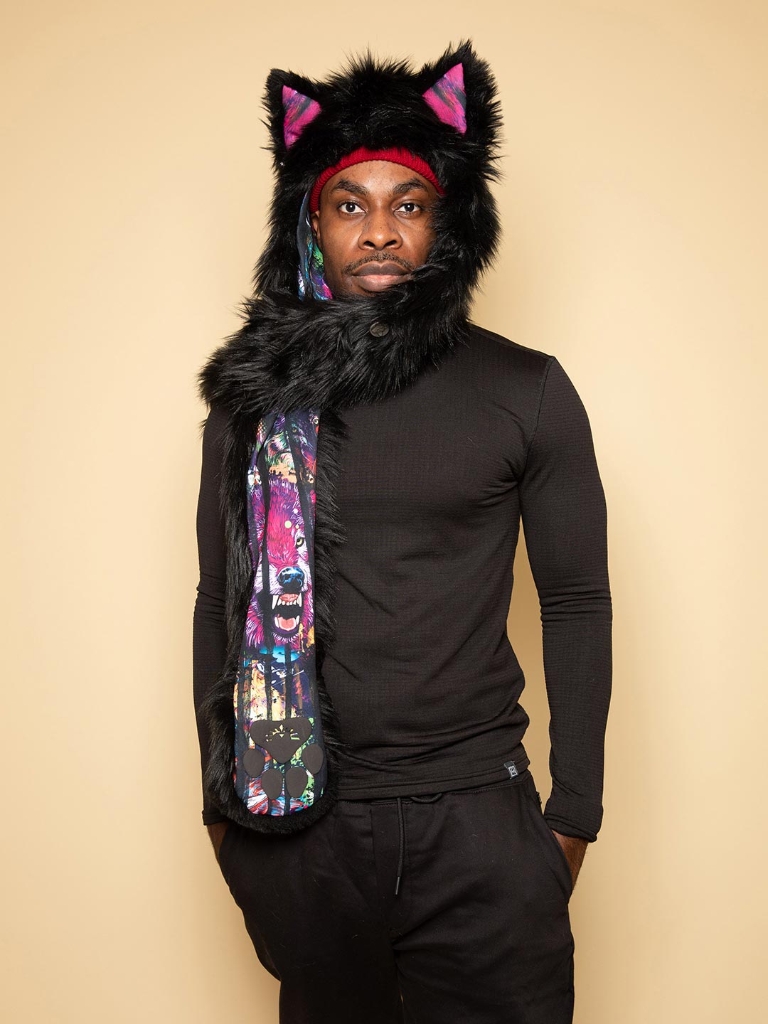 Man wearing faux fur Bart Cooper Black Wolf Artist Edition SpiritHood, front view 2