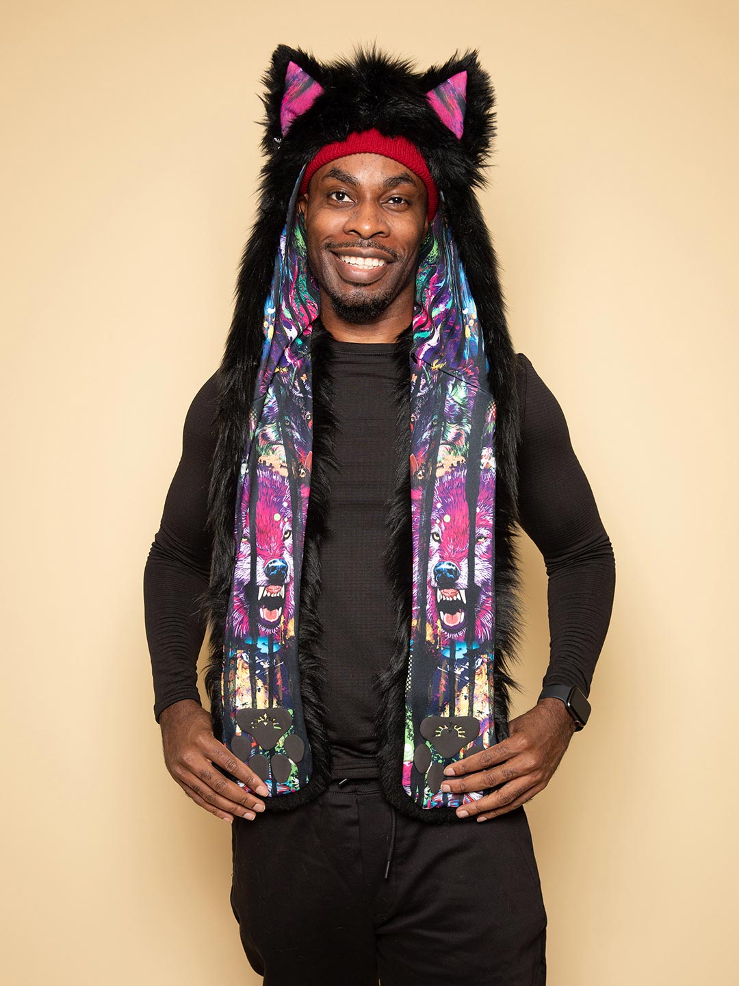 Man wearing faux fur Bart Cooper Black Wolf Artist Edition SpiritHood, front view 5