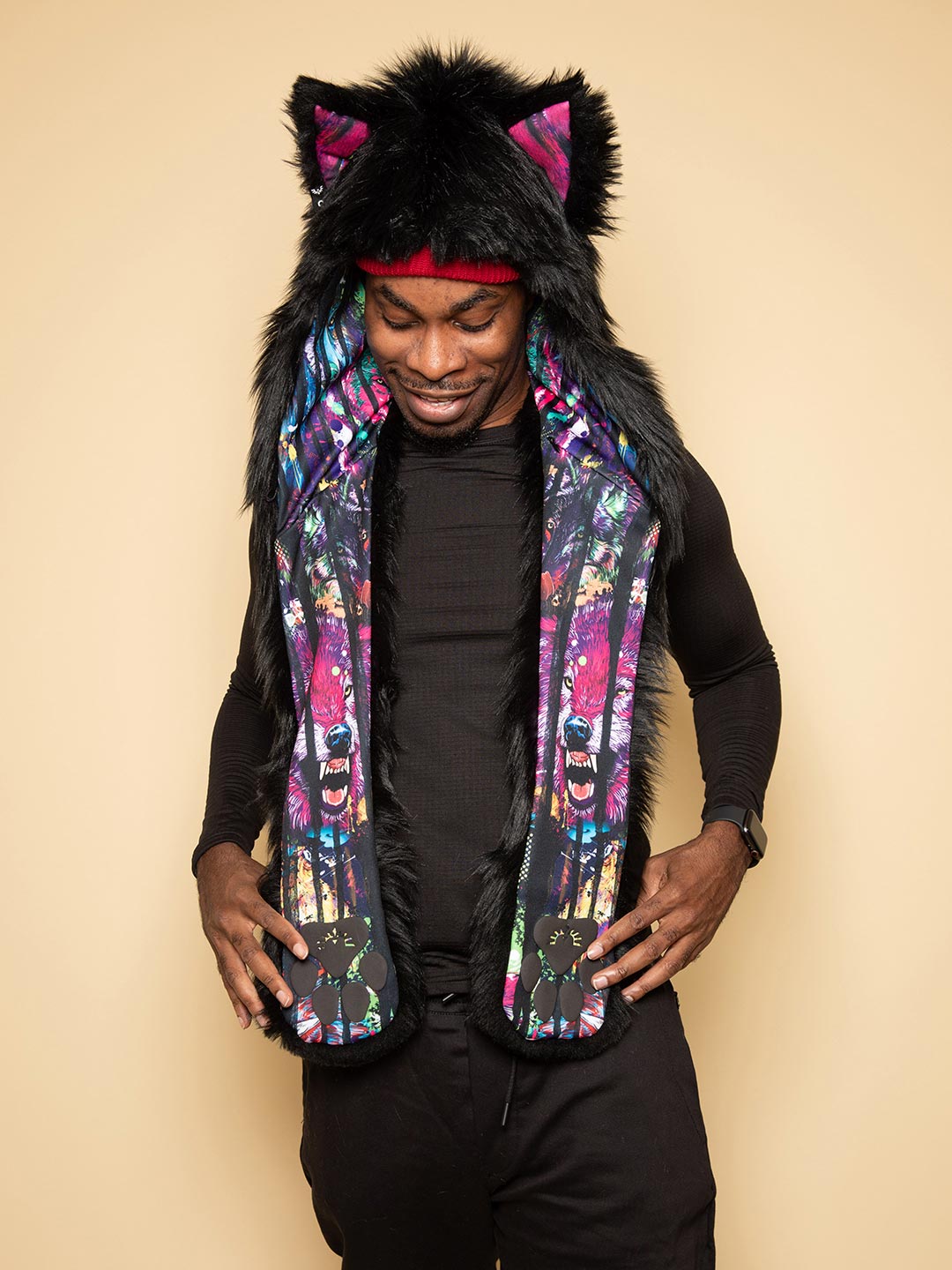 Man wearing faux fur Bart Cooper Black Wolf Artist Edition SpiritHood, front view 3