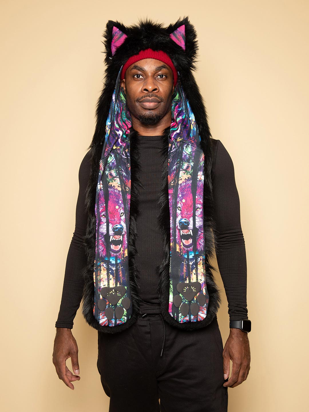 Man wearing faux fur Bart Cooper Black Wolf Artist Edition SpiritHood, front view 7
