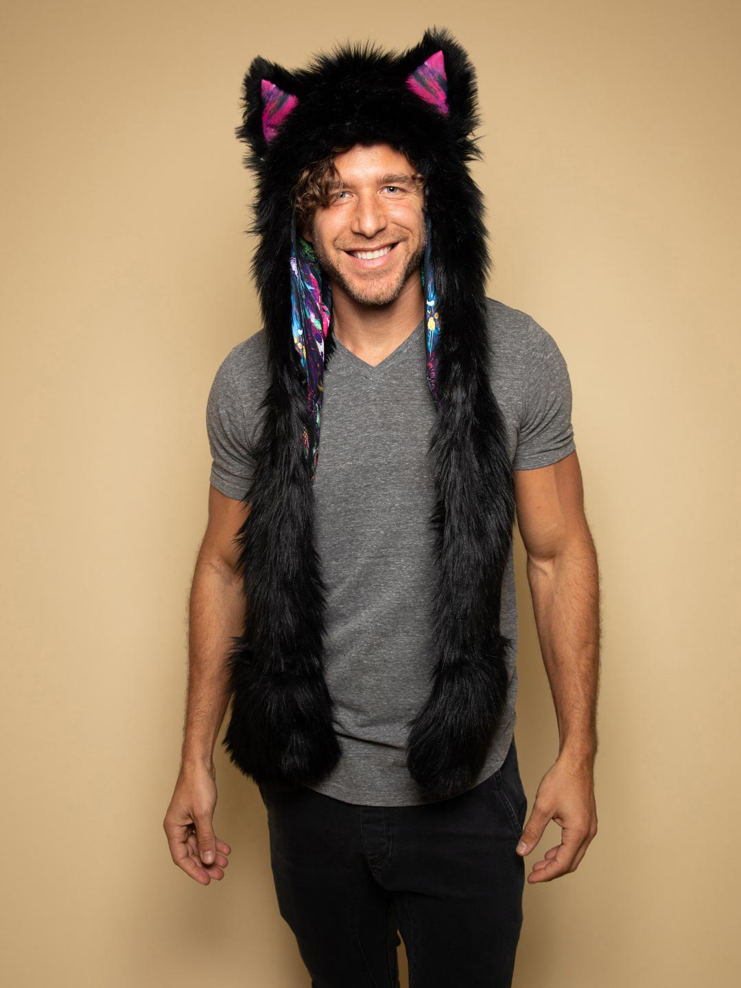 Man wearing faux fur Bart Cooper Black Wolf Artist Edition SpiritHood, front view 8