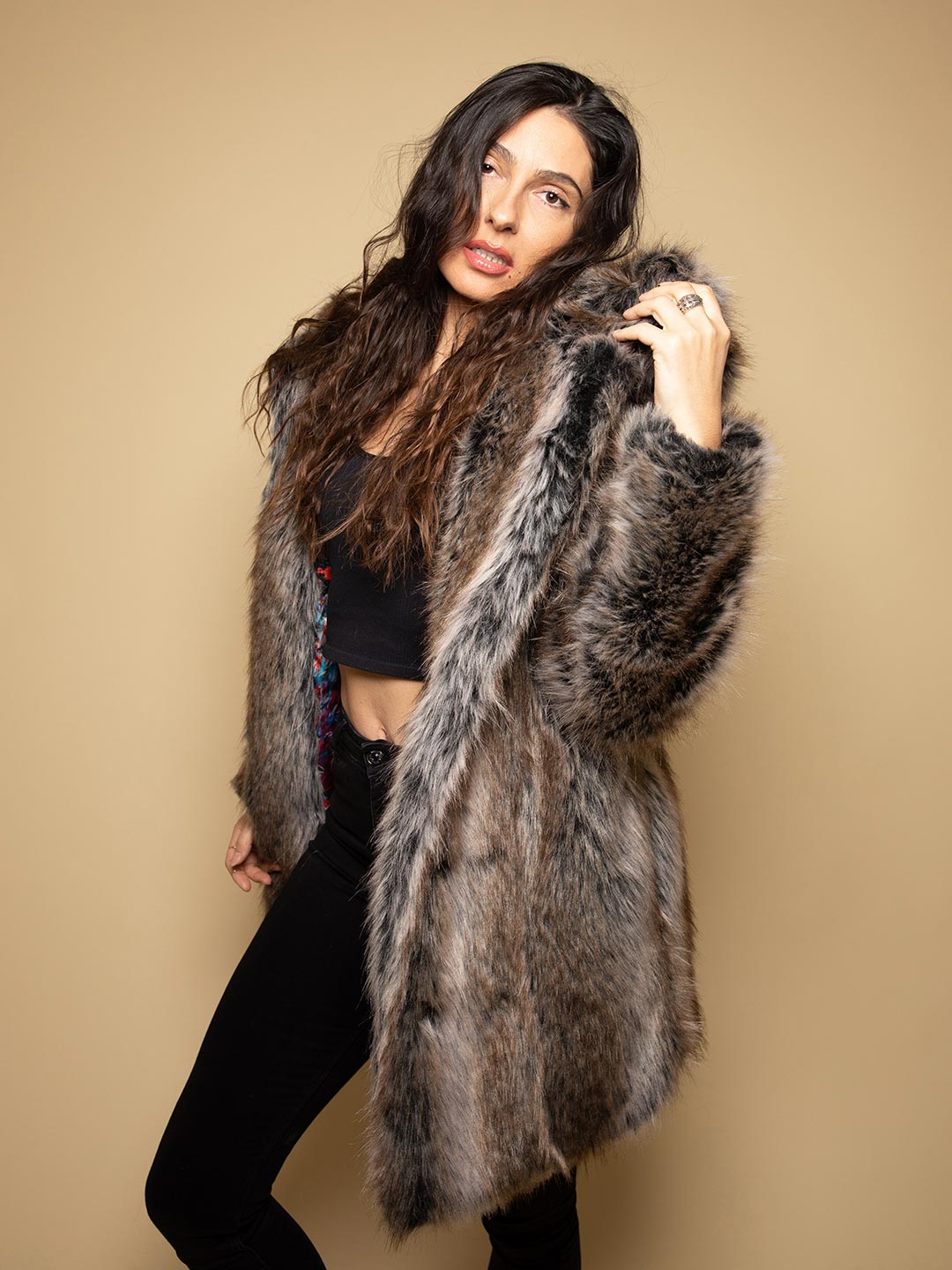 Woman wearing Bart Cooper Grey Wolf Faux Fur Coat Artist Edition, side view