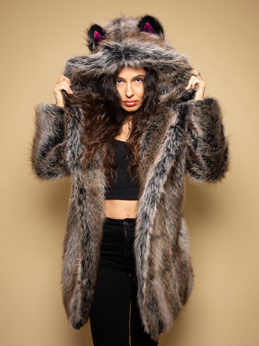 Woman wearing Bart Cooper Grey Wolf Faux Fur Coat Artist Edition, front view 1