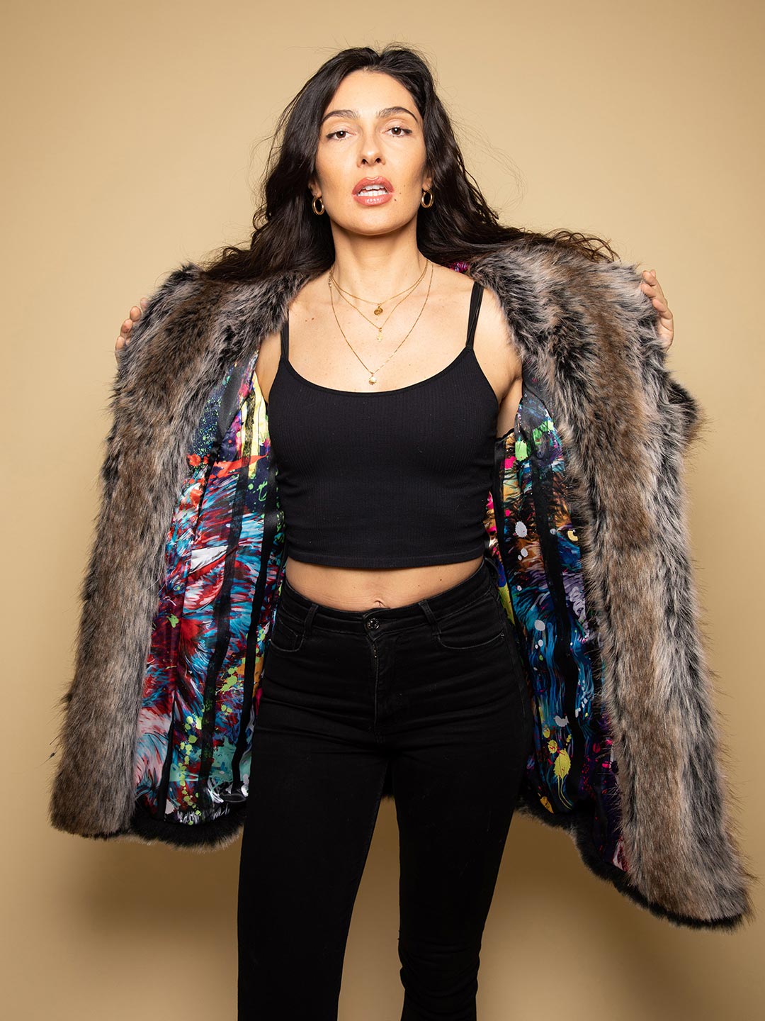 Woman wearing Bart Cooper Grey Wolf Faux Fur Coat Artist Edition, front view 2
