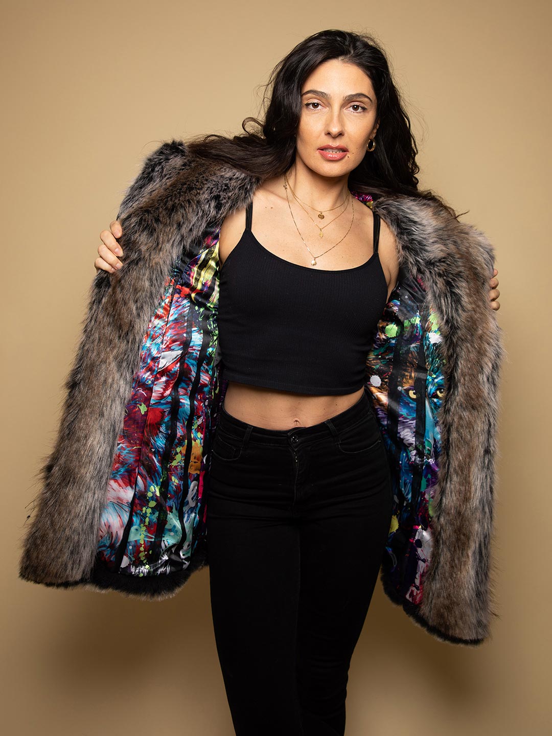 Woman wearing Bart Cooper Grey Wolf Faux Fur Coat Artist Edition