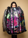 Woman wearing Bart Cooper Grey Wolf Faux Fur Coat Artist Edition, front view