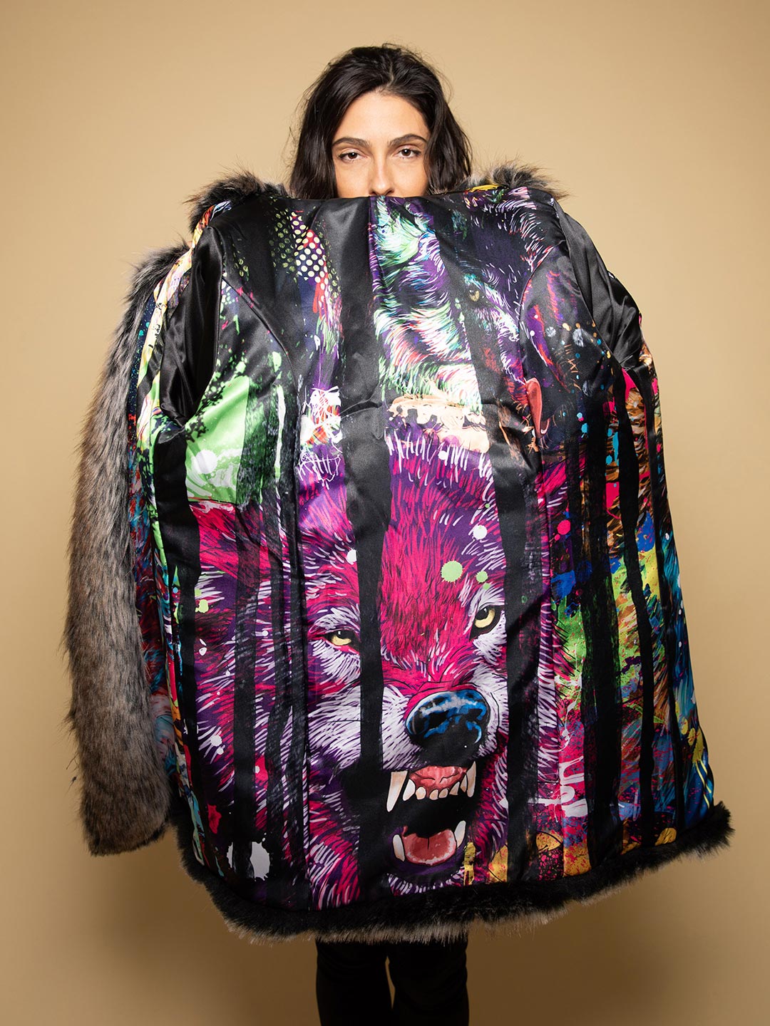 Woman wearing Bart Cooper Grey Wolf Faux Fur Coat Artist Edition, front view