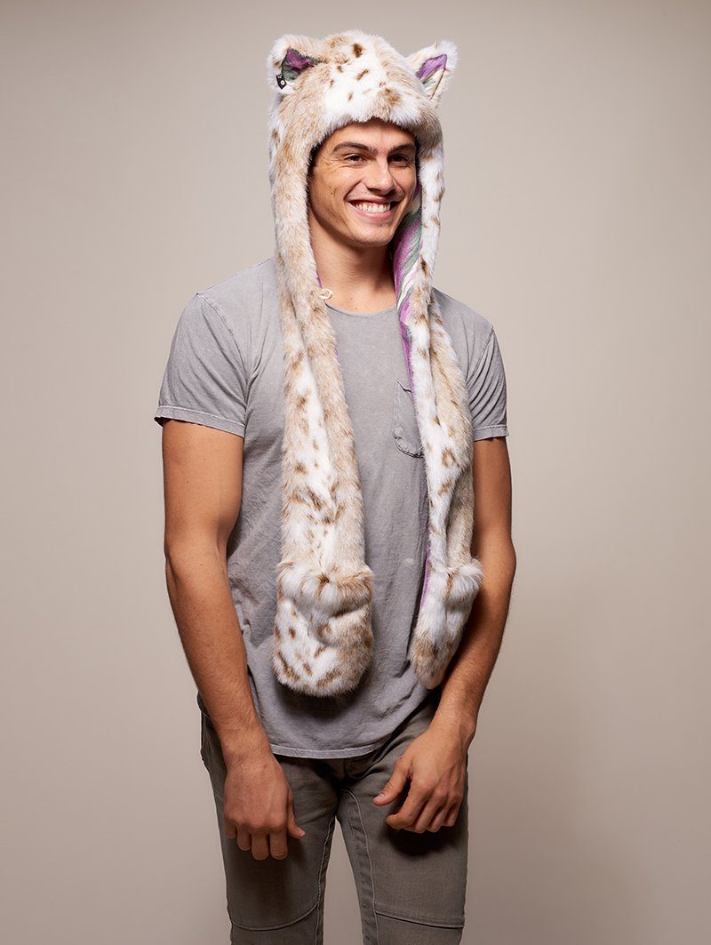 Man wearing faux fur CE Siberian Snow Leopard SpiritHood, side view 2