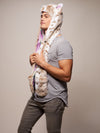 Man wearing faux fur CE Siberian Snow Leopard SpiritHood, side view 3