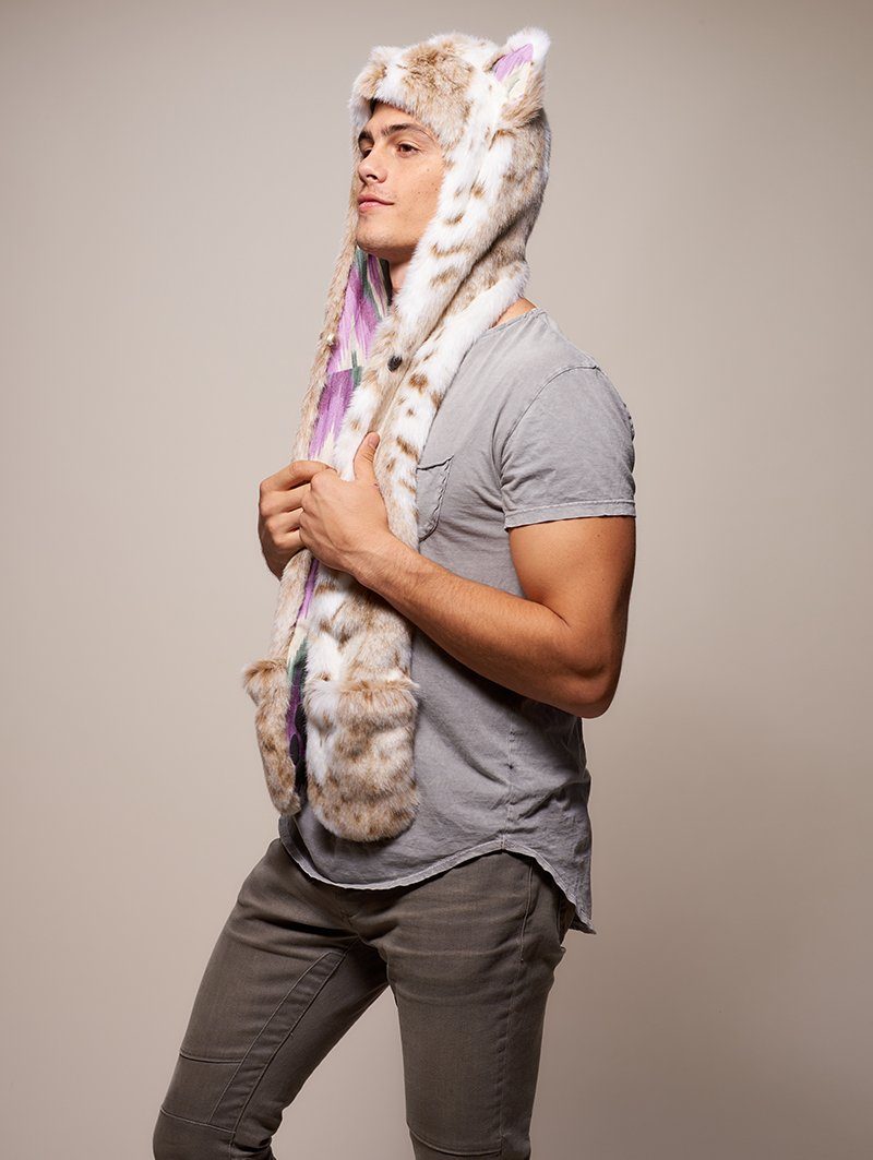 Man wearing faux fur CE Siberian Snow Leopard SpiritHood, side view 3
